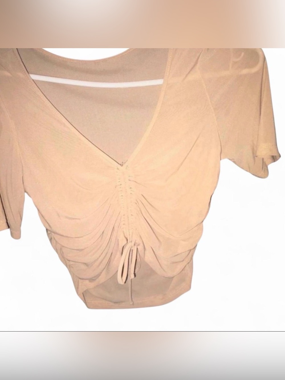 Ruched V-Neck Short Sleeve Top in Nude mesh